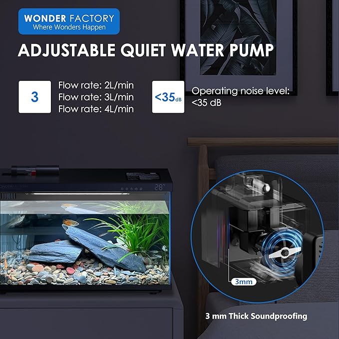 Wonderfactory Smart Aquarium Fish Tank 5 Gallon Starter kit, Self Cleaning System Efficiency Filter 7 Color LED Lights Automatic Feeder Temperature Display Monitor HD Glass, Smart Control with Apps