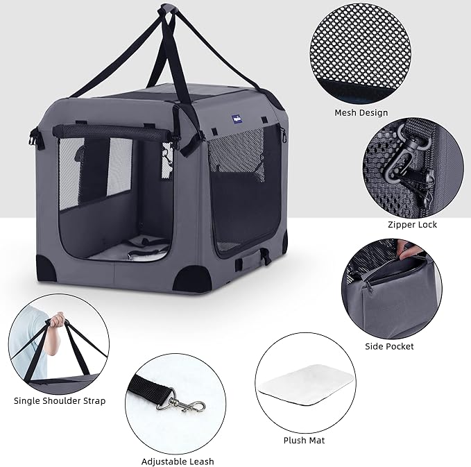 Petprsco 40 Inch Collapsible Dog Crate, Portable Dog Crates for Large Dogs, XL Dog Crate for Travel, 3 Door Soft Dog Kennel with Durable Mesh Windows Indoor & Outside