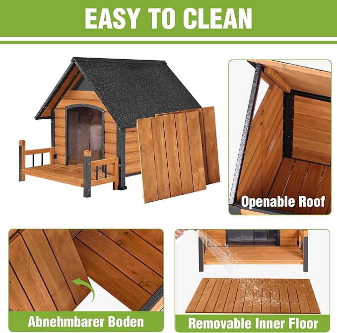 GUTINNEEN Large Insulated Dog House Outdoor Weatherproof Dog Kennel Dog Shelter with Chew-Proof Full Metal Frame, Openable Roof, Removable Inner Floor for Medium Dog Breeds, 45" D x 32.9" W x 32.6" H