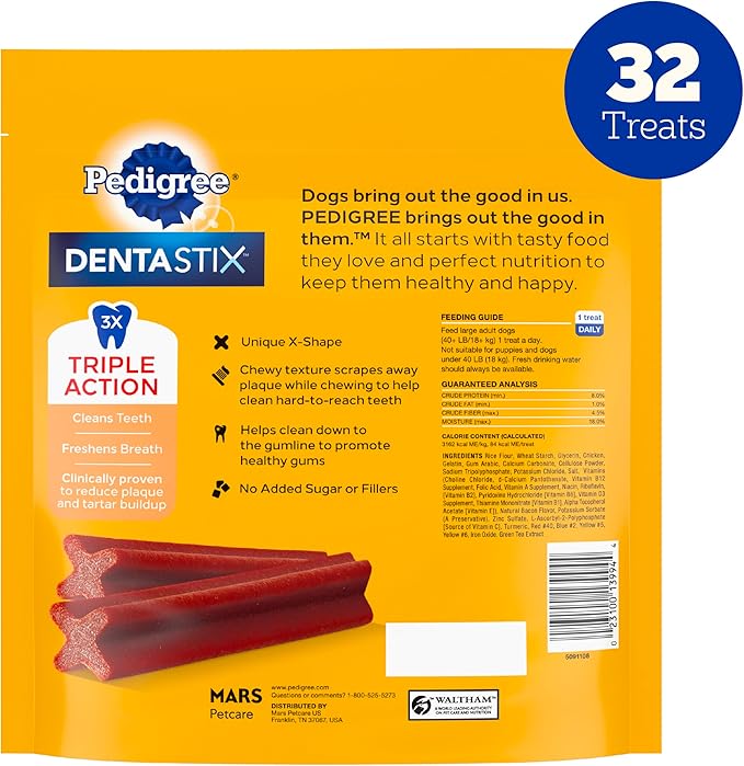 Pedigree Dentastix Dog Dental Treats, Large Breed Dog Treats, Bacon Flavor, 1.67 lb. Bag (32 Treats Total)