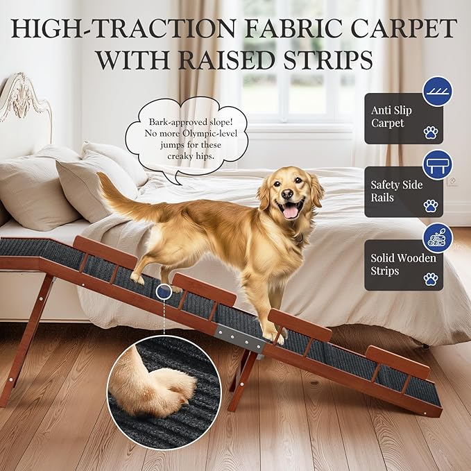 Easyego Foldable Dog Ramp for Bed, 74" Wood Pet Ramp with Side Rails and High Traction Carpet, 22° Gentle Long Slope, Top Landing Platform, Supports up to 200 LBS for Senior Dogs - Vintage Walnut