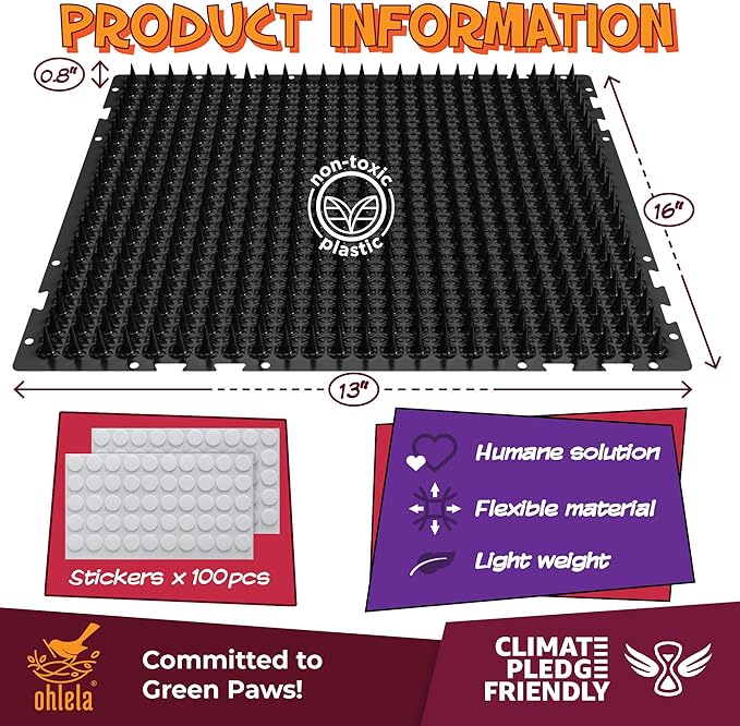 ohlela 16 Pack Black Scat Mats for Dogs - 16" x 13" Pet Deterrent Mat with 1" Spike. Effective Dog Pee Repellent Indoor & Outdoor to Keep Dogs & Cats Away. Cat Repellent Indoor Solution