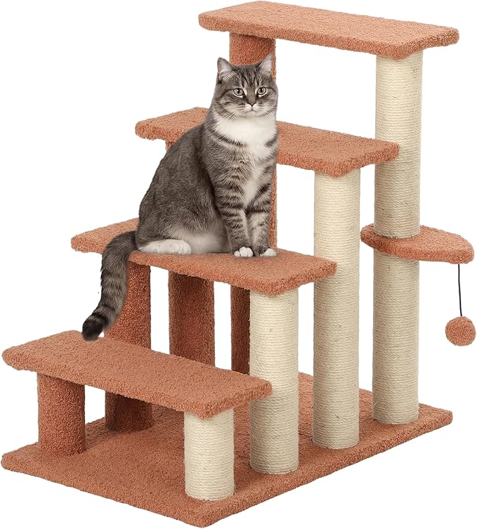 PawHut 4 Levels Cat Steps, Pet Stairs Carpeted Ladder, Kitten Tree Climber with Scratching Posts, Hanging Play Ball, Side Step, for High Bed, Sofa, Brown