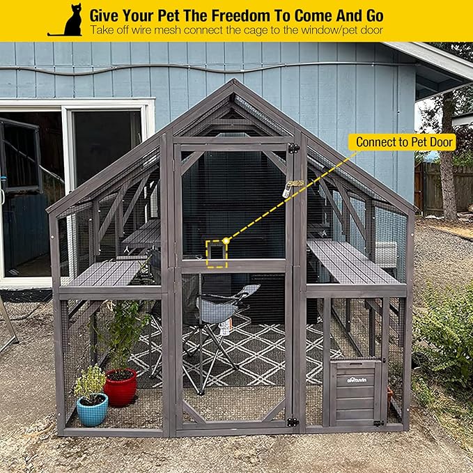 Aivituvin Extra Large Catio Outdoor Cat Enclosure Window Design for 10-20 Cats, 74"H Walk-In Patio Cat House with 4 Access Doors, Waterproof Roof, Spacious Kitty Cage for Multiple Indoor Outdoor Cats