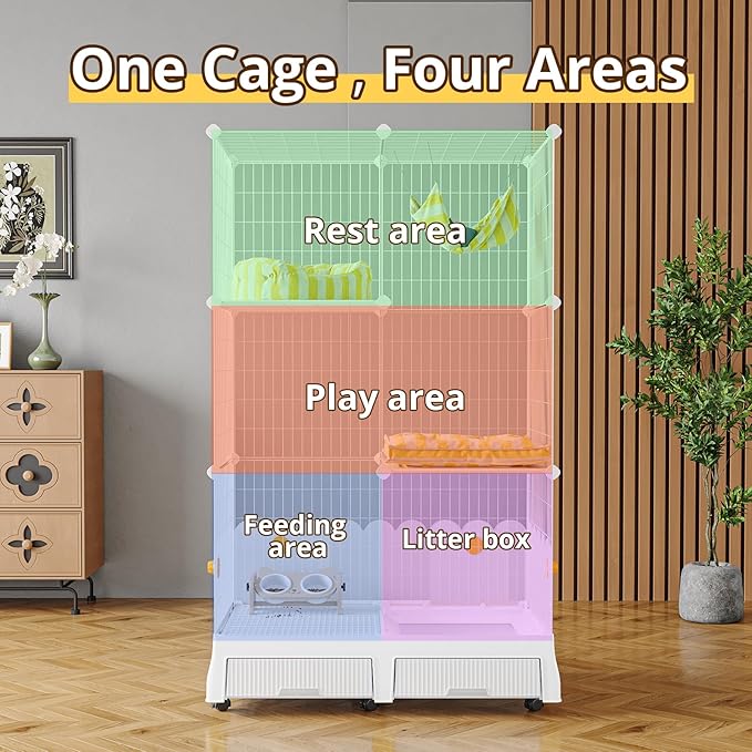 Oneluck Large Cat Cage Indoor On Wheels,35.5" L x 21.6" W x 62.2" H Cat Enclosure with Litter Box Ideal for 1-3 Cats,