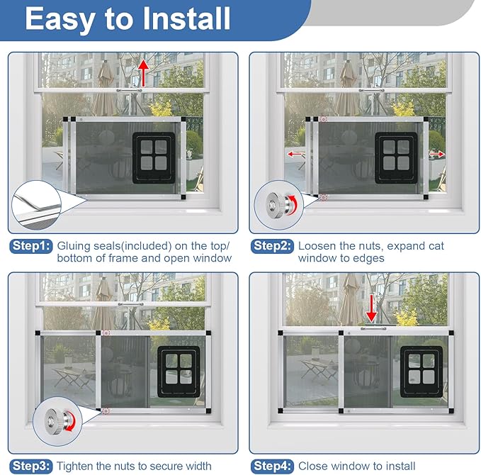 Ventilated Pet Door for Window 38"-44" Wide Adjustable, Silver Aluminum Frame + Stainless Steel Mesh | Breathable Bug-Proof | 4-Way Lock Magnetic Closure Cat Window Door,Cat Door for Window Insert