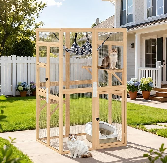 Catio Outdoor Cat Enclosure - Premium Wooden Cat Catio with Window Access & Breathable Mesh, Weatherproof Kitty House for Patio/Backyard/Indoor (Wood)