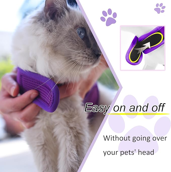 Cat Harness and Leash for Walking Escape Proof Breathable Mesh Fabric, Purple, Extra Large, Adjustable Cat Walking Jackets with DIY Beads, Padded Stylish Cat Vest