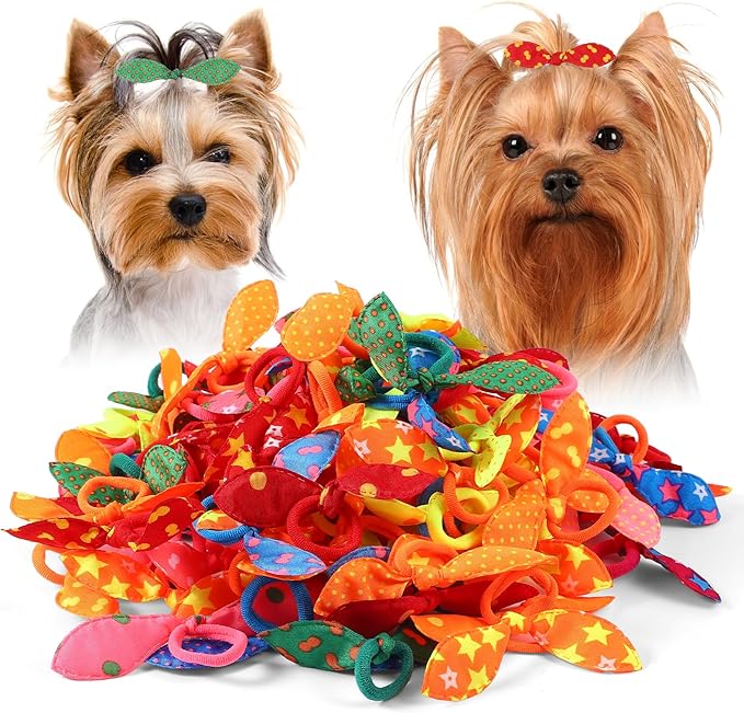 100 Pcs Puppy Dog Cute Rabbit Ear Hair Ties Hair Accessories Set Bowknot Dogs Hairs Bows with Elastic Bands for Small Dogs, Colorful Grooming Costume Accessories for Daily Use Holidays (Colorful Mix)