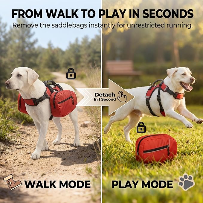 Dog Backpack for Day Hiking, Lightweight 2-in-1 Detachable Saddle Bag with Breathable Harness Vest, No-Flop Dog Daypack for Medium & Large Dogs to Carry Essentials (Medium)