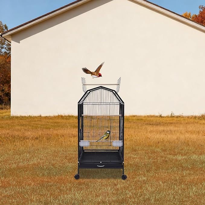 40-Inch Wrought Iron Bird Cage with Open-Top and Rolling Stand, Movable Parrot Cage Pet Bird Flight Cage, 360 Degree View Spacious Interactive Roof Pet Bird House for Medium&Small Birds