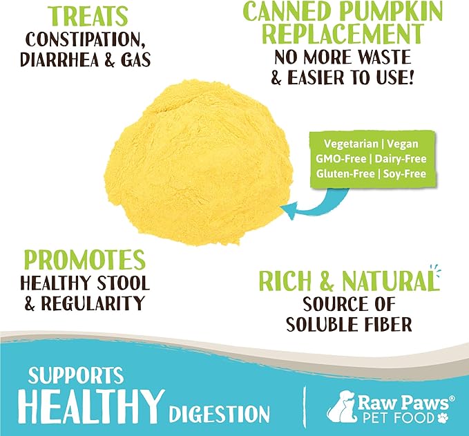 Raw Paws Organic Pumpkin Powder for Dogs & Cats (8-Ounce) - Made in USA - Diarrhea & Constipation Relief - Anti Scoot Powdered Pumpkin for Dog - Fiber for Dogs - Dried Food Topper