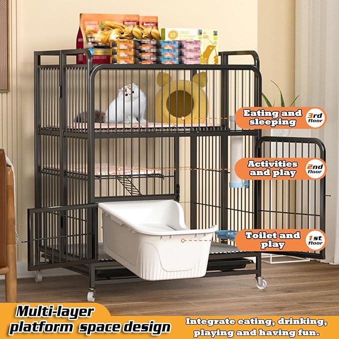 Multi-Tier Collapsible Cat Cage Crate, cat playpen for Indoor with 360° Wheels, Metal Wire Cat Kennel with Secure Lock, Large Ferret Playpen for Adult Cats Kitten Chinchilla (Black 3-Tier)