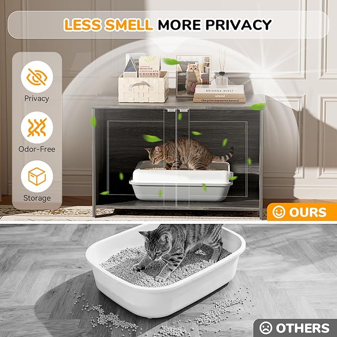 Cat Litter Box Enclosure Furniture Dog Proof, Hidden Kitty Washroom Low Entry, Wooden Cat Boxes Enclosure Odor Control for Home, Farmhouse Style Decorative Cabinet with Storage,Oak Grey