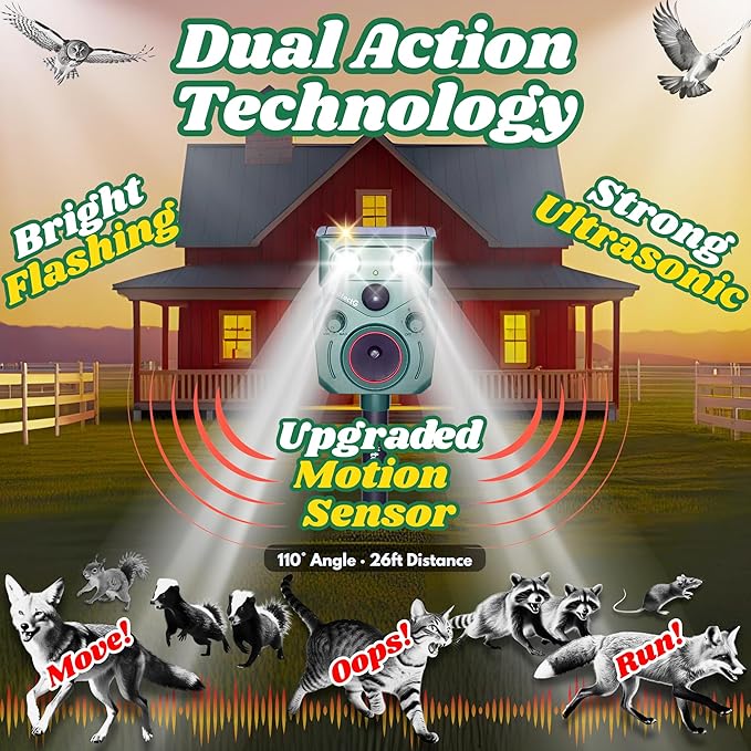 Solar Ultrasonic Animal Repellent Outdoor - Motion Activated Deterrent with Flashing LED Light - Waterproof Yard & Garden Protector for Deer, Cat, Racoon, Squirrel, Rodents, Bird (1 Pack)