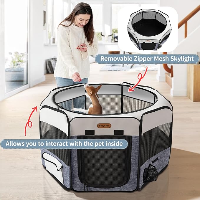 Dog Playpen, Portable Pet Play Pen Foldable Carrying Case, Puppy Pens Outsid for Small Cat Indoor/Outdoor, Removable Mesh Shade Cover
