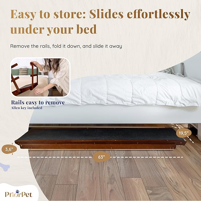 Dog Ramp for Bed with Safety Rails for High Beds up to 37" – Extra Wide 19.5" Adjustable Dog Bed Ramp for Large Dogs up to 200 lbs – Solid Birchwood, Non-Slip Rubber Surface, Foldable Design – Walnut