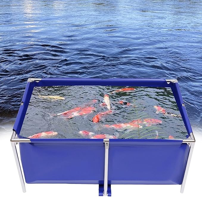 Canvas Fish Pond, Foldable Above Ground Fish Pond with Stainless Steel Frame & Drain Valve, Rectangular Thickened Canvas Aquarium Fish Water Tank for Ornamental Koi Goldfish Prawns Breeding