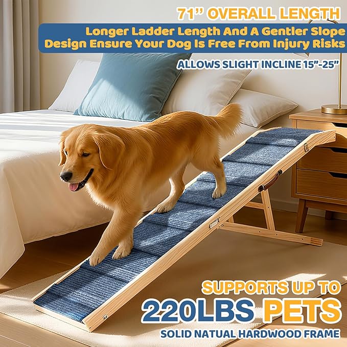 Foldable Dog Ramp for Bed/Couch/Car, 75'' Extra Long Wood Ramp with Anti-Slip Carpet, Gentle Long Slope, Top Landing Platform, 5 Adjustable Heights, Up to 200 Lbs, Ideal for Older and Larger Dogs