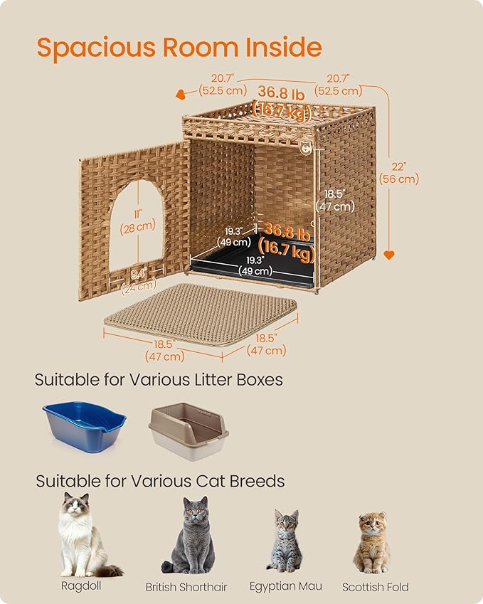 Feandrea Cat Litter Box Enclosure, Handwoven Rattan Hidden Litter Box Furniture with Extra Mat, Removable Washable Tray, Boho Cat House, End Table, Goose Yellow UPCL024YE01