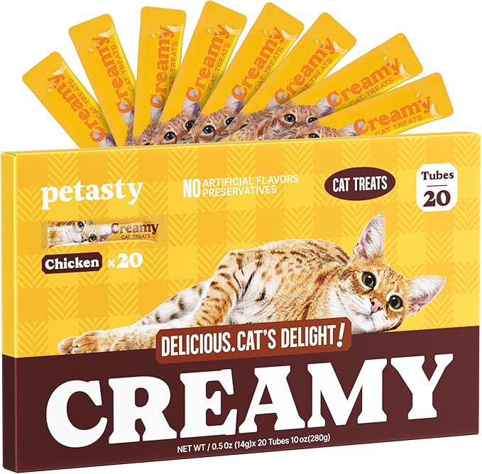 Lickable Cat Treats, High Moisture Hydrating Creamy Puree Squeeze Tubes, Chicken Flavor, 20 Tubes 0.5oz, Grain-Free, Omega Oils & Vitamin E, Skin & Coat Health, Digestive and Immune Support