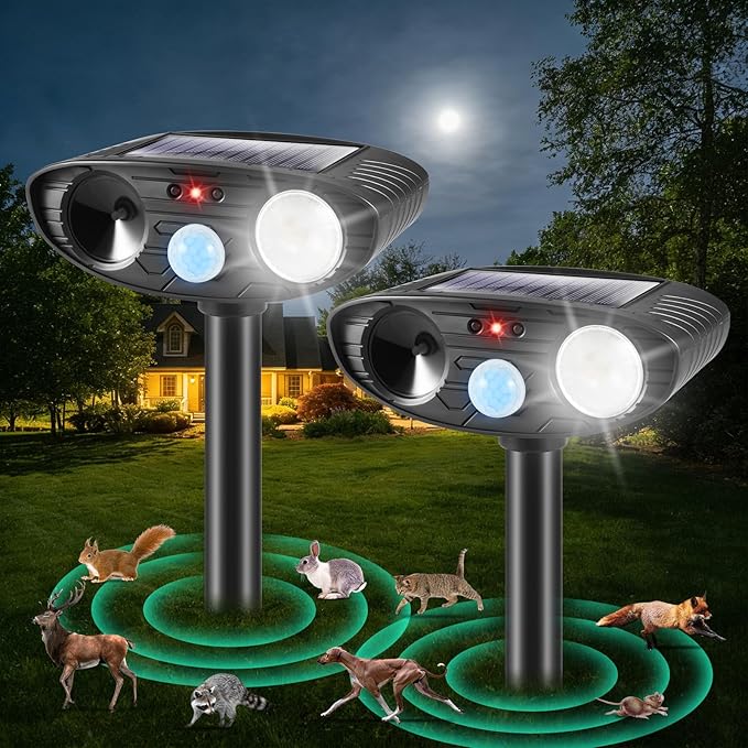 2026 Solar Ultrasonic Animal Repellent Outdoor,Deer Repellent Devices Squirrel Cat Raccoon Rabbit Dog Deterrent,Waterproof Motion Detection with Flash Light for Vegetable Garden,Backyard,Lawn 2Pack