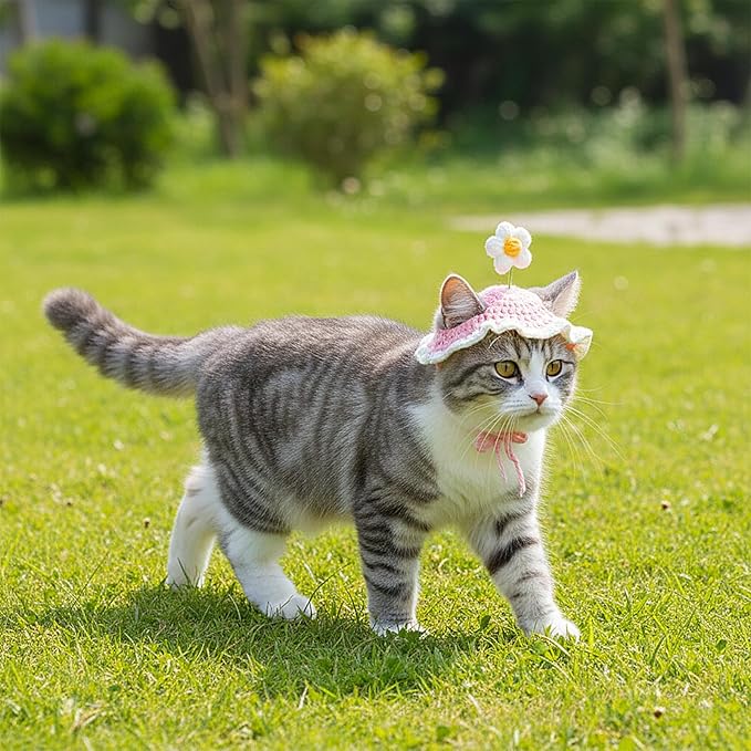 Cat Hat Cute Pink Flower Costume Hats for Cats, Cat Part Hat with Ear Holes and Adjustable tie Soft Washable Outfits Hats for Parties Birthday