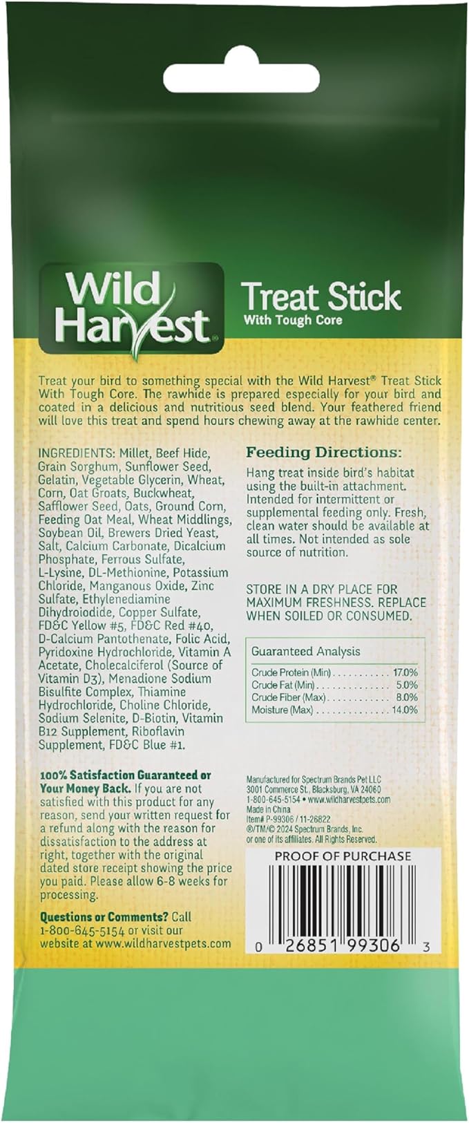 Wild Harvest Treat Stick with Tough Core for Small and Medium Birds, 1 oz Count, 100% Edible Interactive Treat and Toy Made with Rawhide Prepared Especially for Birds