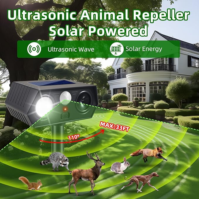 2025 Solar Ultrasonic Animal Repellent Sonic Fortress Pro Deer Repellent Rabbit Repeller Raccoon Squirrel Deterrent with Flash Light Motion Sensor to Keep Cat Dog Fox Skunk Out of Garden Yard(4Pack)