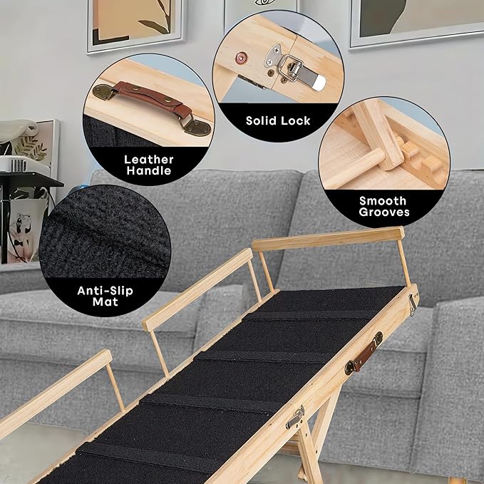 Wooden Pet Ramp for Bed, Foldable Dog Ramp with Removable Side Rails, Lightweight Ramp for Dogs for Large Dogs Senior Cats, Supports up to 100 lbs for Easy Access to Bed or Car (Large)