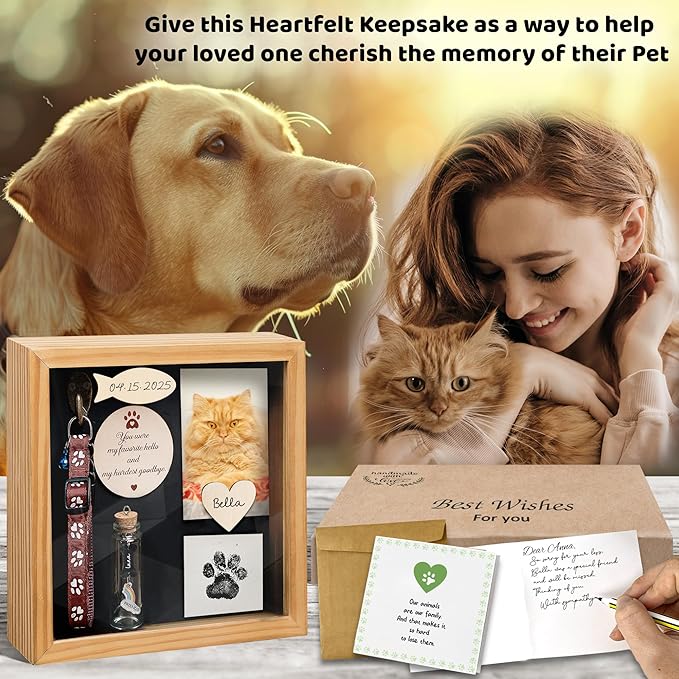 8.6'' Pet Memorial Shadow Box, Natural Collar Holder Picture Frame, Paw Print Kit, Dog Wooden Sculpture, Pet Hair Fur Jar, Cat Memorial Keychain, Dogs Sympathy Card, Gift for Pet Lovers PSD-4N
