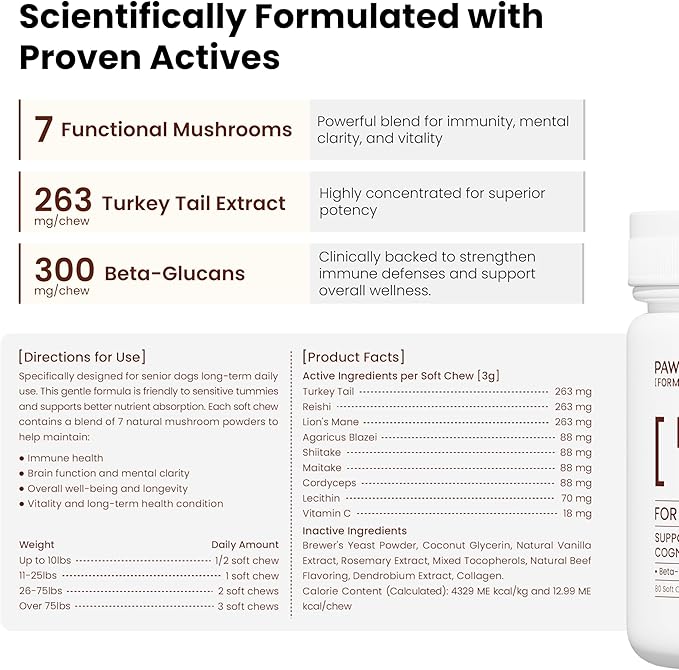 Pawpulse Formula Immune Defense Mushrooms for Dogs - Cellular Growth, Turkey Tail and Lions Mane for Cognitive Support, Lumps and Bumps, Gut Health and Longevity - Senior Dog Supplement, 80 Chews