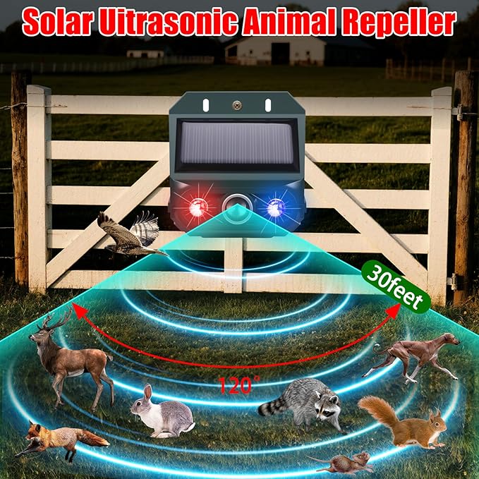 2026 4 Packs Solar Ultrasonic Nocturnal Animal Repeller,Ultrasonic Bird Cat Deterrent Outdoor for Yard Farm,Predator Lights with Red&Blue for Cat Fox,Effective Deer Repellent Outdoor for Chicken Coop