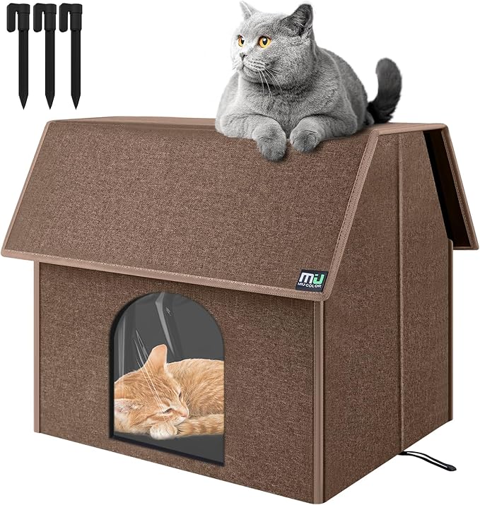 MIU COLOR Outdoor Cat House, Upgraded Large Weatherproof Cat Houses for Outdoor Cats, Insulated Feral Cat Shelter with Removable Soft Mat, Easy to Assemble,17.1" x 15" x 16.6", Brown