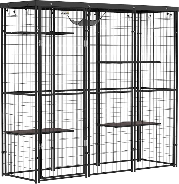 PawHut 4-Level 69" Large Catio Outdoor Indoor Weld Wire, Cat Enclosure with Waterproof Cover, 4 Jumping Platforms, Hammock, Cat Shelter for 1-3 Kittens, 69" x 22" x 62", Black