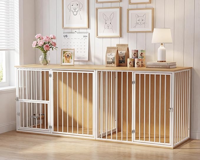 80.7" Double Dog Crate Furniture, Large Breed Dog Crate TV Stand with Swivel Bowls, Heavy Duty Wooden Double Dog Kennel with Removable Divider for 2 Medium Dogs (White)