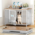 Easycom 41" Dog Crate Furniture Foldable, No Assembly Decorative Dog Kennel Indoor, Dog Crates for Large Dogs(35-60 lb), Wooden Dog Crate with Adjustable Bowls and Name Tag, End Table, White & Beech