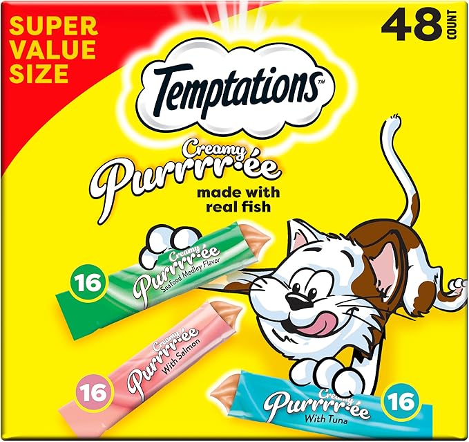 Temptations Creamy Puree Squeezable Lickable Cat Treats, Wet Cat Treats with Tuna, Salmon, and Seafood Medley Variety Pack, 0.42 oz. Tubes, 48 Count