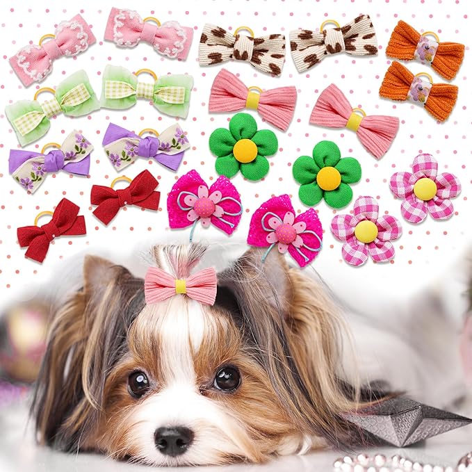 Mruq Small Dog Hair Bows with Rubber Bands, Mix Handmade Cute Puppy Gooming Flower Ball Bows for Holiday Daily Accessories (A339)