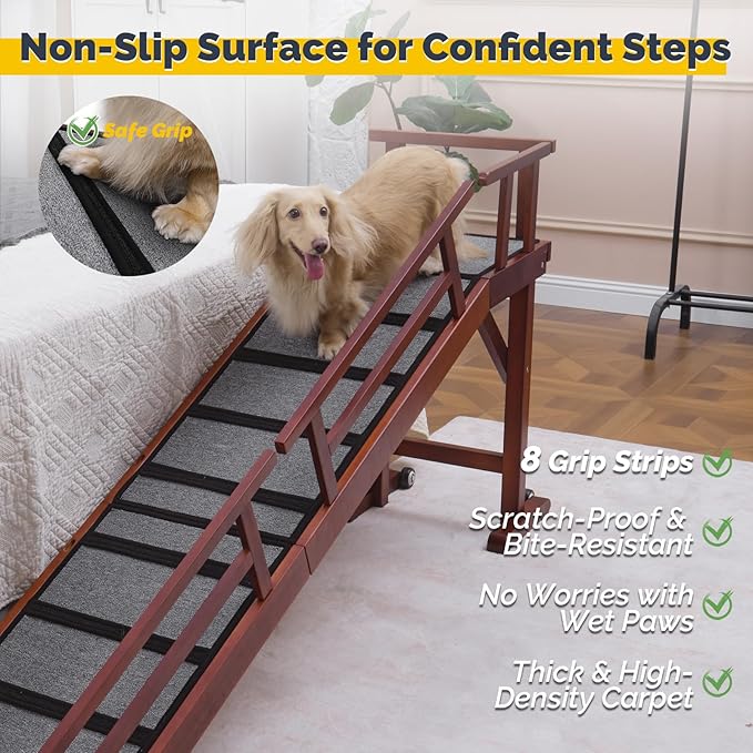 Dog Ramp for Bed or Couch, Wooden Pet Ramp with 20° Gentle Slope, Removable Side Rails, Non-Slip Surface, Top Platform & Wheels, Safe Bed Ramp for Small, Large & Senior Dogs, 74" Long, Mahogany