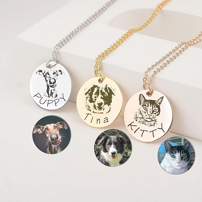 Anavia Customized Pet Portrait & Name Necklace, Personalized Pet Gifts Photo Engraved Necklace, Pet Memorial Jewelry Gift, Cat Dog Necklace for Animal Lover, Dog Mom, Birthday Gift