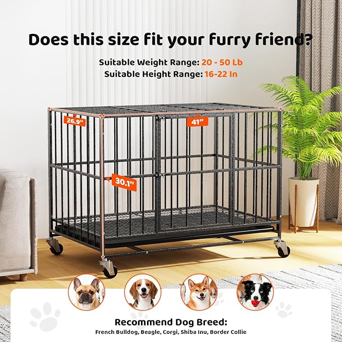 42 Inch Heavy Duty Dog Crate, Indestructible Escape-Proof Dog Kennel for High Anxiety Large Dogs, Strong Metal Pet Cage with Double Doors, Lockable Wheels & Removable Tray, XL XXL XXXL