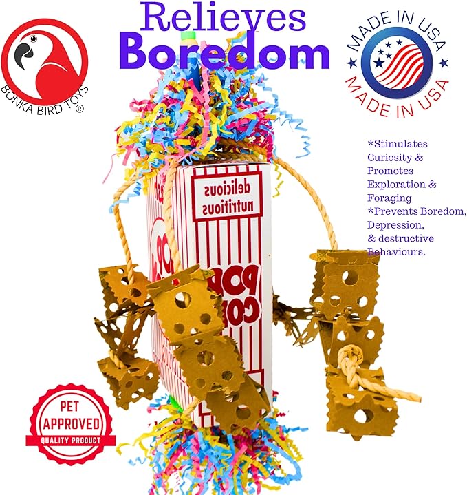 Bonka Bird Toys 2318 Popcorn Explosion 15" High by 5" Wide Medium Large Parrot Chew Bird Toy, Amazons, Conure, African Greys, and Other Similar Birds
