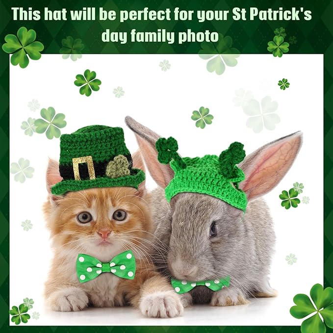 MTLEE 4 Pcs St Patrick's Day Pet Costume Accessories, 2 Pcs Shamrock Headband for Cat and 2 Pack Green Cat Neck Bow St. Patty's Day Top Hat with Ear Holes and Chin Straps Adjustable for Pets