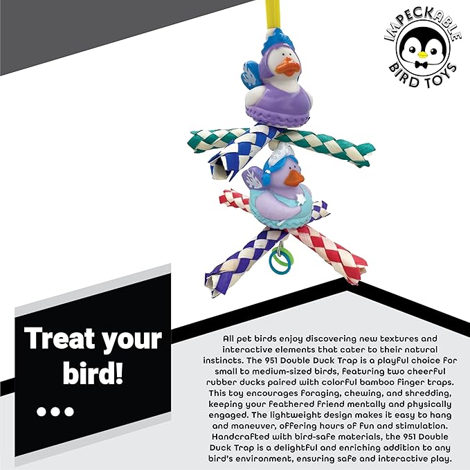 951 Double Duck Trap Bird Toy 9" - Handmade Foraging Bamboo Finger Traps & Rubber Ducks - Shredding & Chewing Cage Accessory for Conure, Parakeet, Lovebird & Cockatiel - Interactive Enrichment