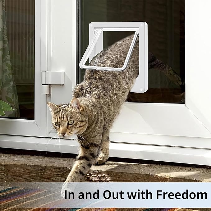 Cat Door for Interior Exterior Door (Outer Size 7.75" x 7.5"), 4-Way Locking Flap for Cats & Dogs(Circumference < 20"), Weatherproof Pet Door, White, ABS Material (M)