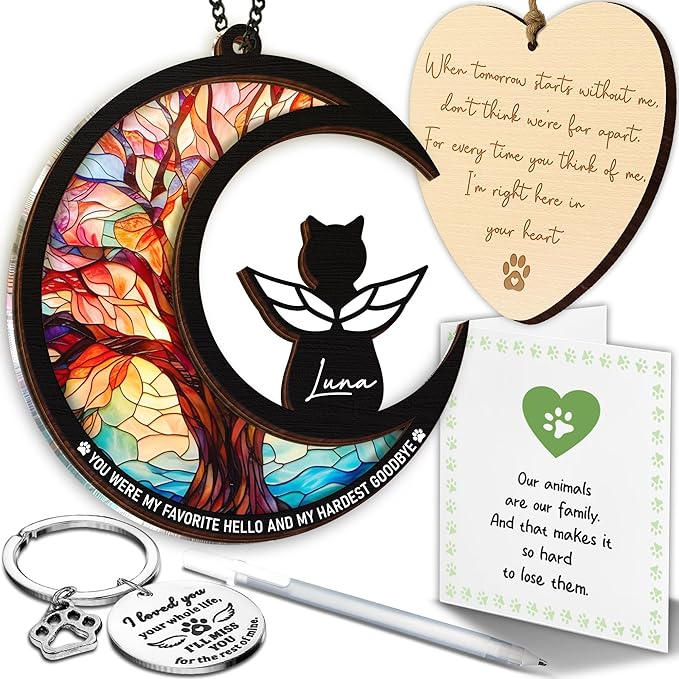 6" DIY Cat Memorial Suncatcher – 4-in-1 Cat Memorial Gifts for Loss of Cats, Pet Remembrance Gifts | Loss of Cats Sympathy Gift with Ornament, Keychain & Sympathy Card PS191