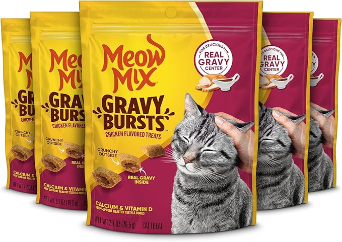 Meow Mix Gravy Bursts Chicken Flavored Cat Treats, 2.7 Oz. Bag (Pack of 5)