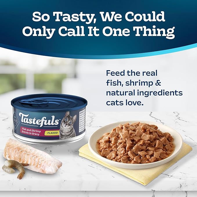 Blue Buffalo Tastefuls Flaked Wet Cat Food, Made with Natural Ingredients, Fish and Shrimp Entrée in Gravy, 5.5-oz Cans (24 Count)