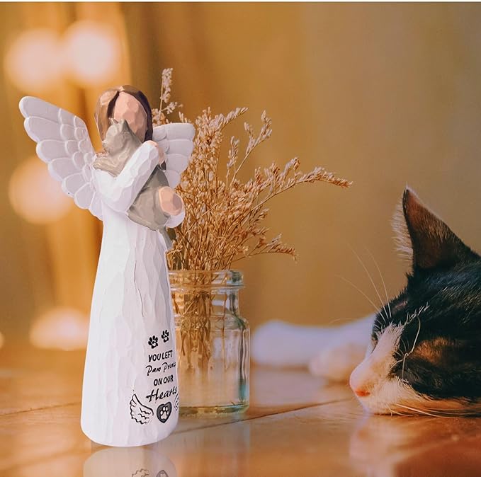 Cat Memorial Gifts for Loss of Cat, Pet Memorial Gifts for Cats, -Cat Statue Sculpted Hand-Painted Angel Figurines – Loss of Cat Sympathy Gift, Pet Loss Sympathy Gift, Cat Remembrance Gifts(Grey)